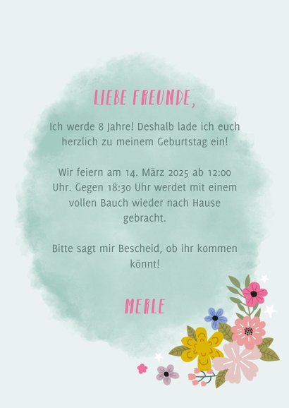 Einladung zum Kindergeburtstag Einhorn und Blumen 3