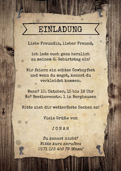 Einladung zum Kindergeburtstag 'Gesucht' Cowboy 3