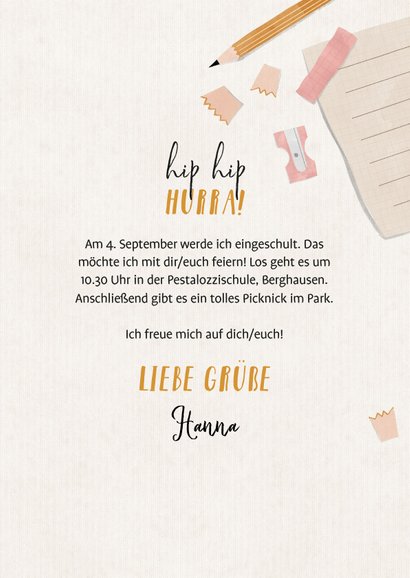 Einladung zur Einschulung Foto, rosa Spitzer & Bleistift 3