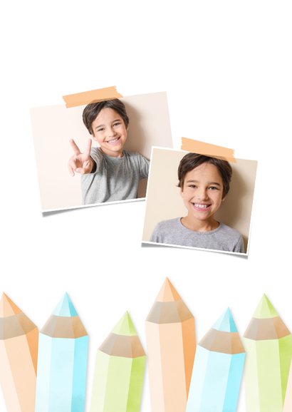 Einladung zur Einschulung orange Buntstifte und eigenes Foto 2