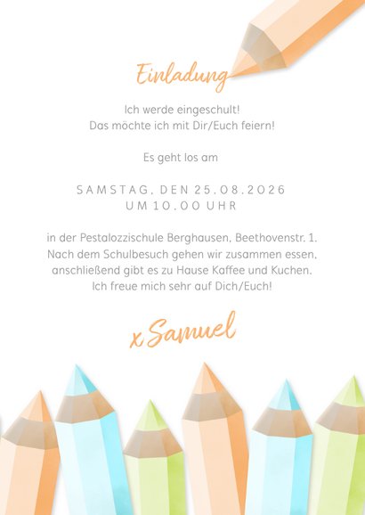 Einladung zur Einschulung orange Buntstifte und eigenes Foto 3