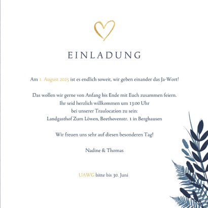 Einladung zur Hochzeit dunkelblau mit Foto und Pflanzen 3