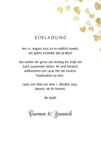 Einladung zur Hochzeit Goldene Herzen 3