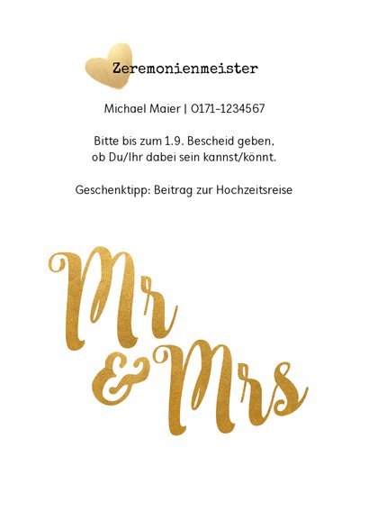 Einladung zur Hochzeit Mr. & Mrs. Buchstaben in Goldlook 2