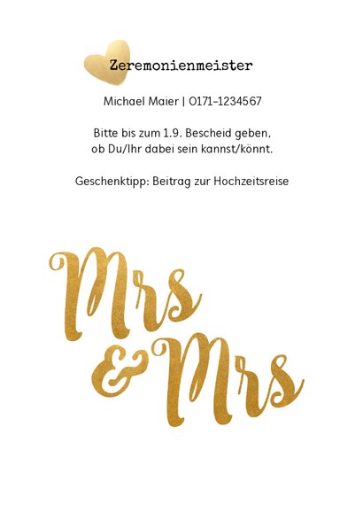 Einladung zur Hochzeit Mrs. & Mrs. Buchstaben in Goldlook 2