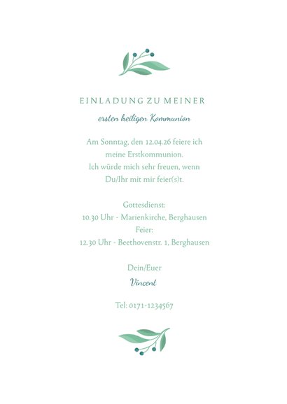 Einladung zur Kommunion Foto, Taube botanisch Wasserfarbe 3