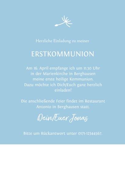 Einladung zur Kommunion Junge mit Pusteblume 3