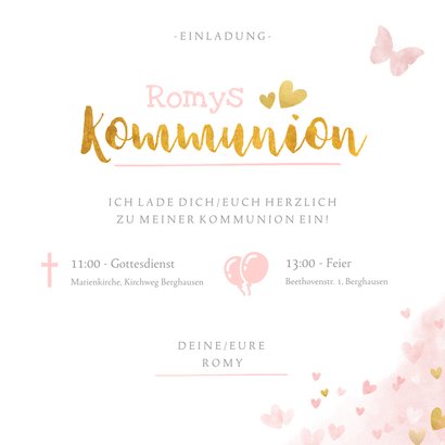 Einladung zur Kommunion rosa Aquarell mit Foto & Herzen 3