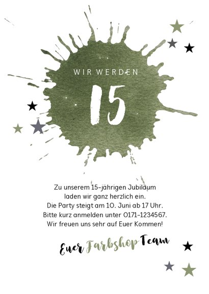 Einladung zur Party mit olivgrünem Farbklecks 3