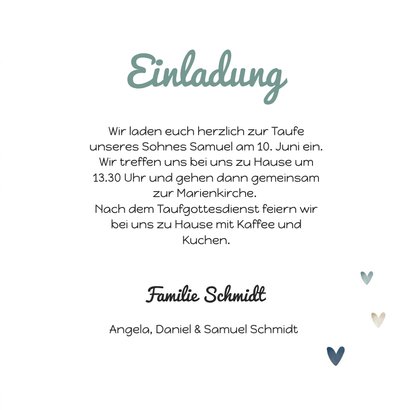 Einladung zur Taufe blau Wegweiser und Herzen 3