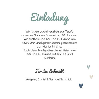 Einladung zur Taufe blau Wegweiser und Herzen 3