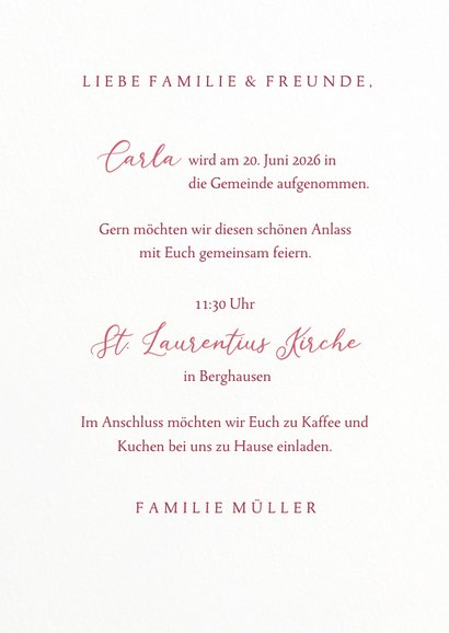 Einladung zur Taufe florales Kreuz pink 3