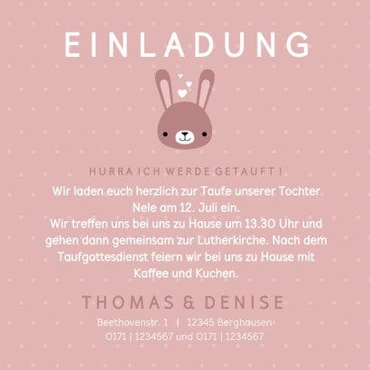 Einladung zur Taufe niedlicher Hase Foto innen 3