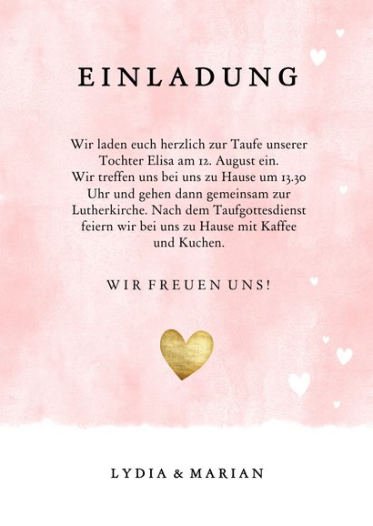 Einladung zur Taufe rosa mit Foto und Herzen 3