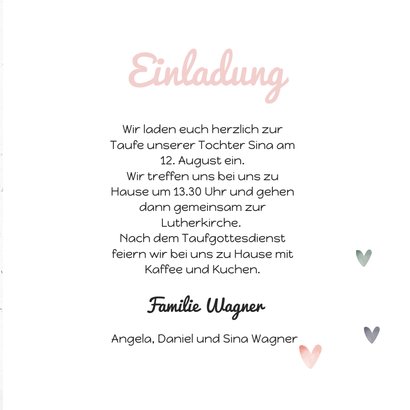 Einladung zur Taufe rosa Wegweiser und Herzen 3