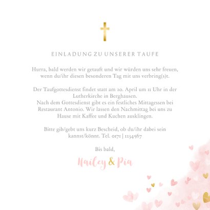 Einladung zur Taufe Zwilling Foto & rosa Herzen Aquarell 3