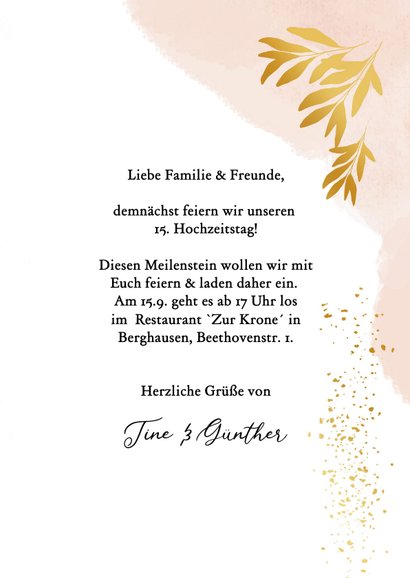 Einladungkarte zum Hochzeitstag mit Blättern im Goldlook 3