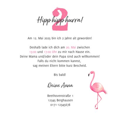 Einladungskarte 2. Kindergeburtstag Flamingo und Zweige 3