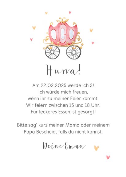 Einladungskarte 3. Kindergeburtstag rosa Kutsche 3