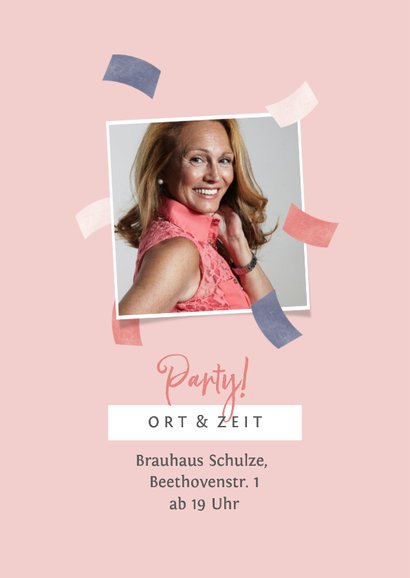 Einladungskarte Austand Rente rosa Konfetti Fotocollage 2