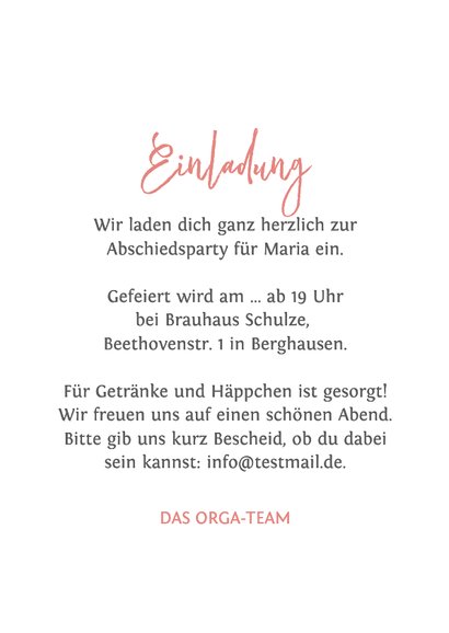 Einladungskarte Austand Rente rosa Konfetti Fotocollage 3