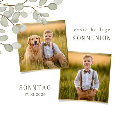 Einladungskarte Eukalyptuszweige Goldkleckse Kommunion 2