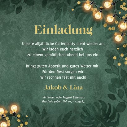 Einladungskarte Gartenparty Gold Grün Lichterkette 3