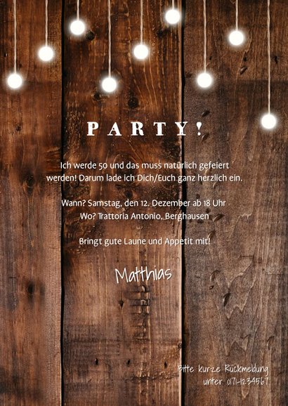 Einladungskarte Geburtstag mit Fotos, Holz und Lämpchen 3