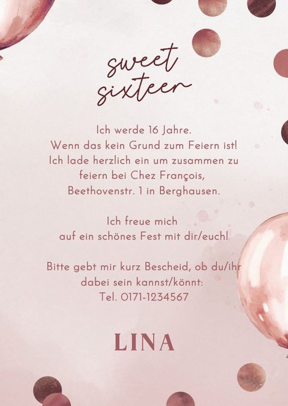 Einladungskarte Geburtstag 'Sweet Sixteen' rosa Luftballons 3