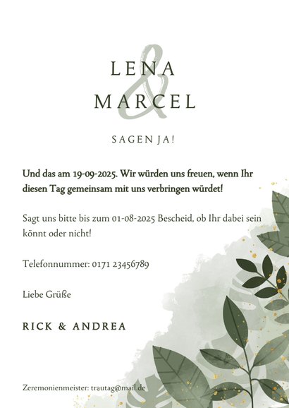 Einladungskarte Hochzeit botanisch Wasserfarbe und Blätter 3