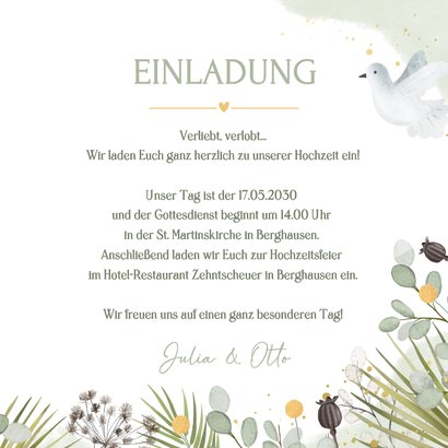 Einladungskarte Hochzeitstauben Pflanzen Greenery  3