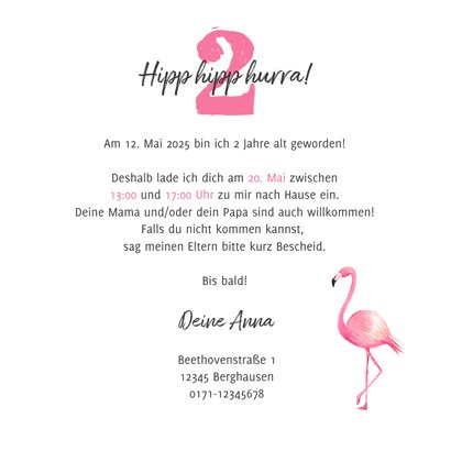 Einladungskarte Kindergeburtstag Flamingo und Zweige 3