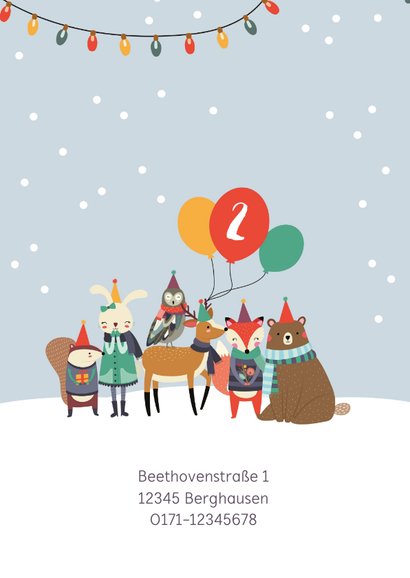 Einladungskarte Kindergeburtstag Wintertiere mit Luftballons 2
