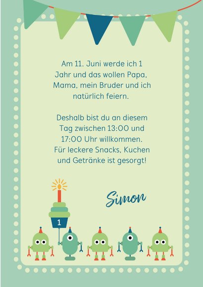 Einladungskarte Kleine Roboter 1. Kindergeburtstag 3