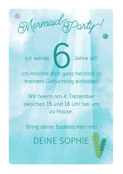 Einladungskarte Mermaid Party zum 6. Geburtstag 3