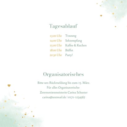 Einladungskarte mintgrünes Aquarell & Goldherzchen 2