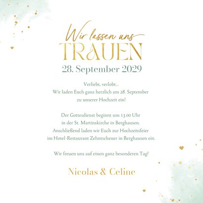 Einladungskarte mintgrünes Aquarell & Goldherzchen 3