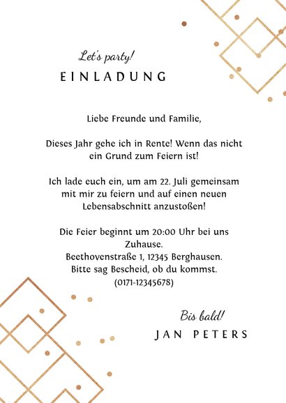 Einladungskarte Renteneintritt Foto grafisch, stilvoll gold 3