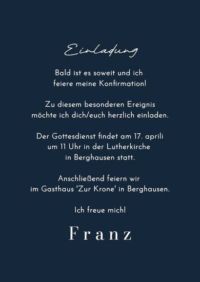 Einladungskarte schlicht Dunkelblau Konfirmation 3