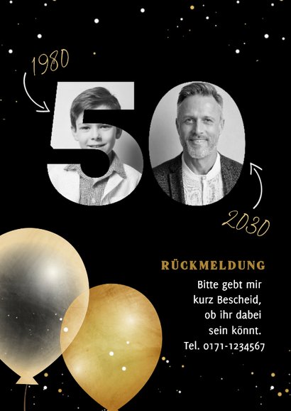 Einladungskarte schwarz 50. Geburtstag Fotocollage in Zahl 2