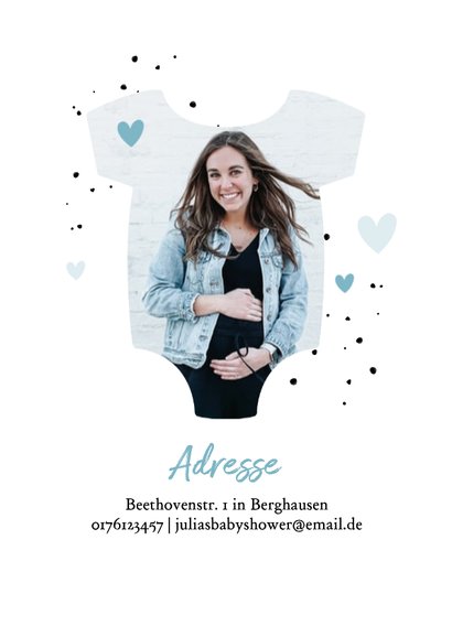 Einladungskarte Strampler Foto Babyshower blaue Herzchen 2