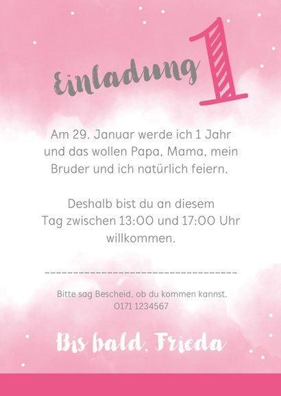 Einladungskarte zum 1. Geburtstag rosa Wasserfarbe mit Fotos 3