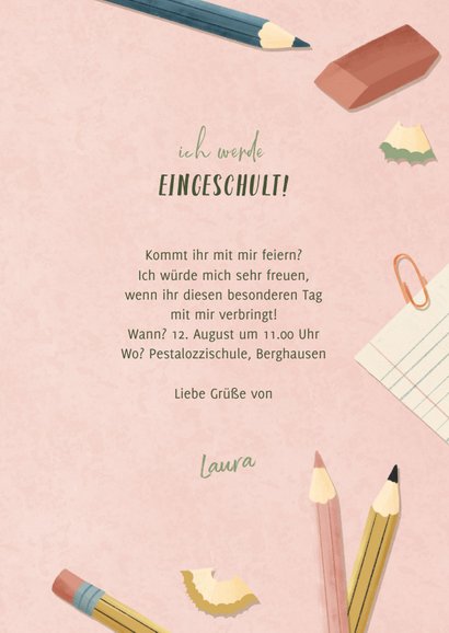 Einladungskarte zur Einschulung rosa Foto, Schere & Papier 3