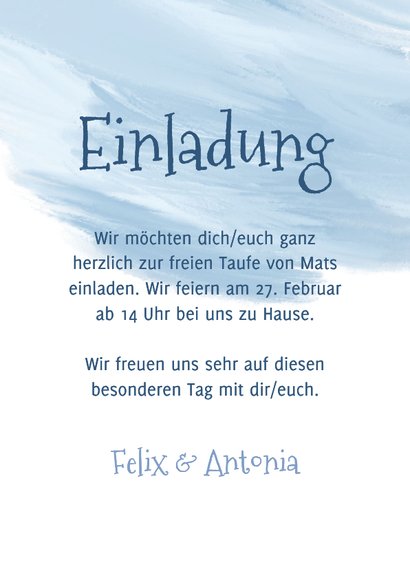 Einladungskarte zur freien Taufe blaues Vögelchen 3