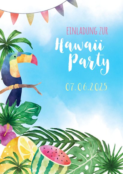 Einladungskarte zur Hawaiiparty Flamingo & Tukan 2
