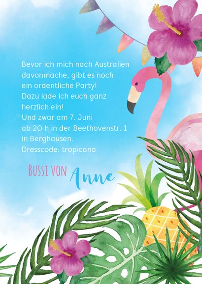 Einladungskarte zur Hawaiiparty Flamingo & Tukan 3