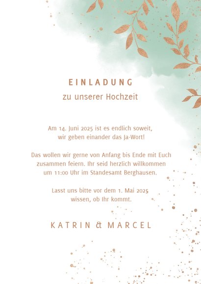 Einladungskarte zur Hochzeit Aquarell mintgrün mit Foto 3