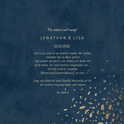 Einladungskarte zur Hochzeit dunkelblau mit Gold & Foto 3
