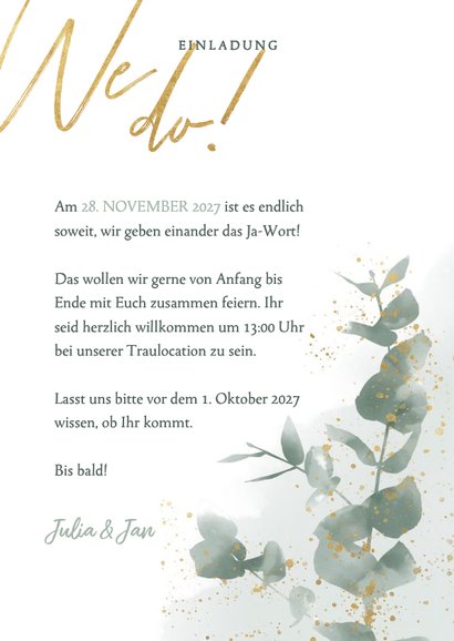 Einladungskarte zur Hochzeit Eukalyptus, Foto & Gold 3