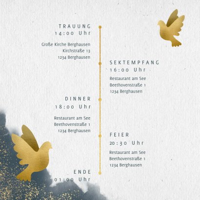 Einladungskarte zur Hochzeit mit Wasserfarben und Tauben 2